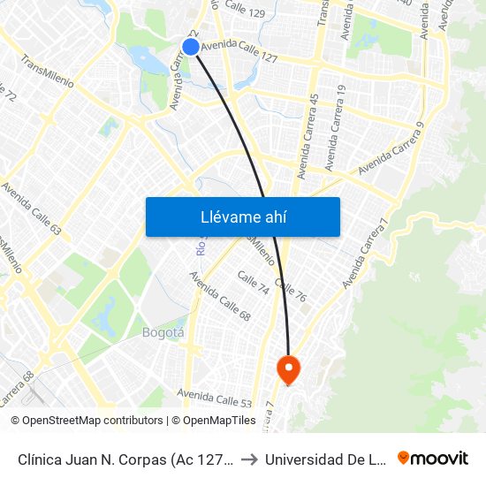 Clínica Juan N. Corpas (Ac 127 - Kr 71b) to Universidad De La Salle map