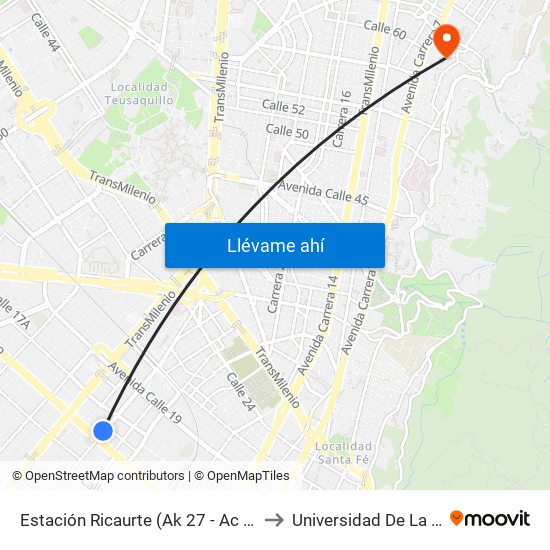 Estación Ricaurte (Ak 27 - Ac 13) (B) to Universidad De La Salle map