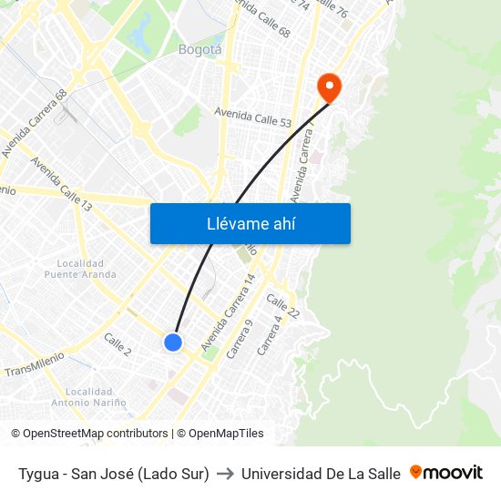 Tygua - San José (Lado Sur) to Universidad De La Salle map