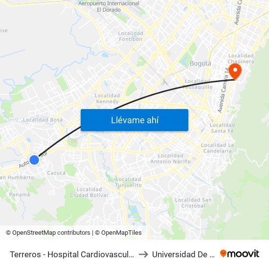 Terreros - Hospital Cardiovascular (Lado Sur) to Universidad De La Salle map