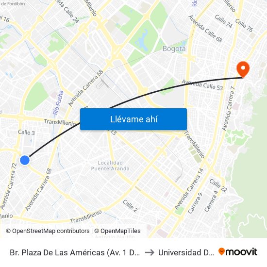 Br. Plaza De Las Américas (Av. 1 De Mayo - Kr 69c) (D) to Universidad De La Salle map