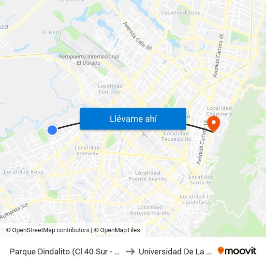 Parque Dindalito (Cl 40 Sur - Kr 96) to Universidad De La Salle map