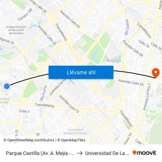 Parque Castilla (Av. A. Mejía - Cl 7c) to Universidad De La Salle map