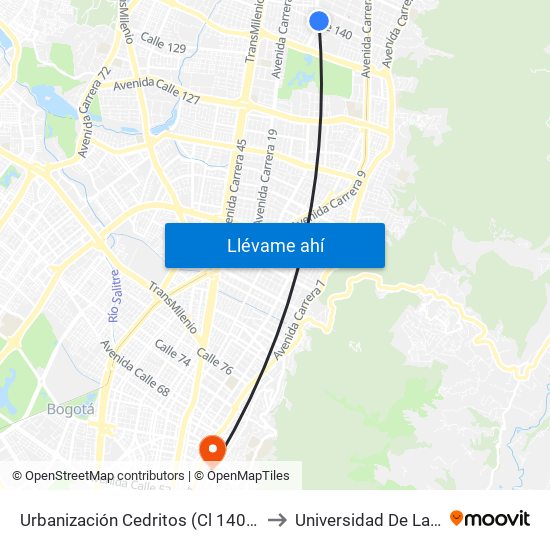 Urbanización Cedritos (Cl 140 - Kr 13) to Universidad De La Salle map