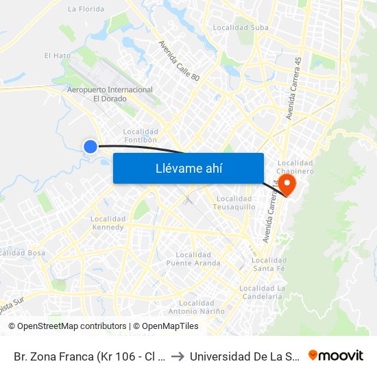 Br. Zona Franca (Kr 106 - Cl 14) to Universidad De La Salle map