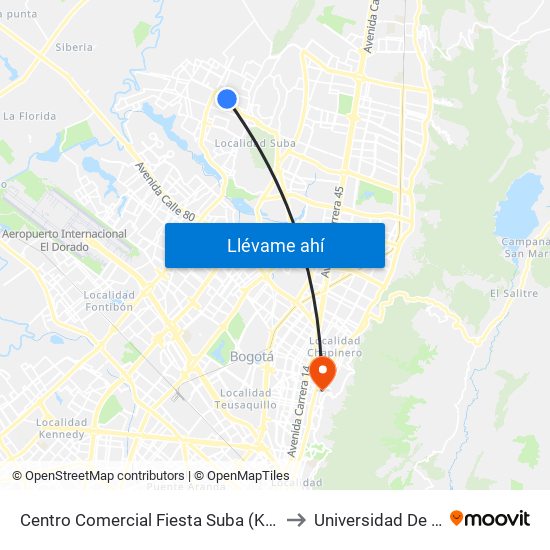 Centro Comercial Fiesta Suba (Kr 101 - Cl 147) to Universidad De La Salle map