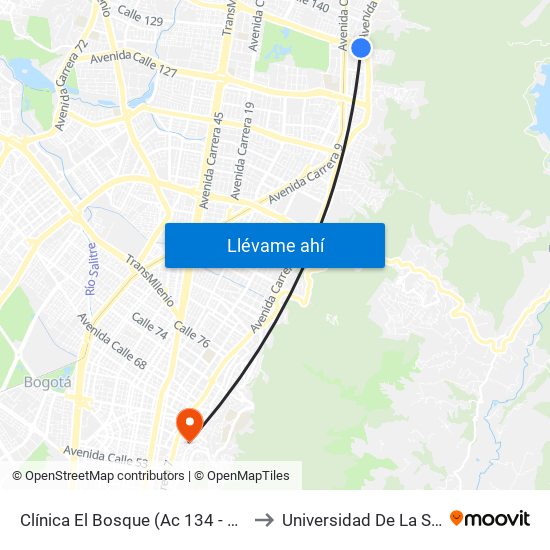 Clínica El Bosque (Ac 134 - Ak 7) to Universidad De La Salle map