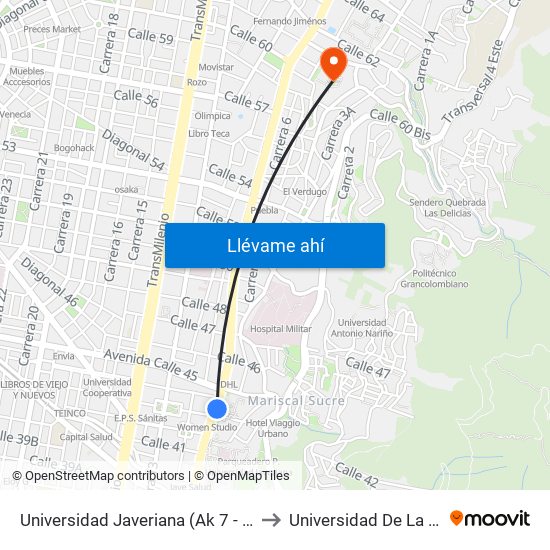 Universidad Javeriana (Ak 7 - Cl 43) to Universidad De La Salle map