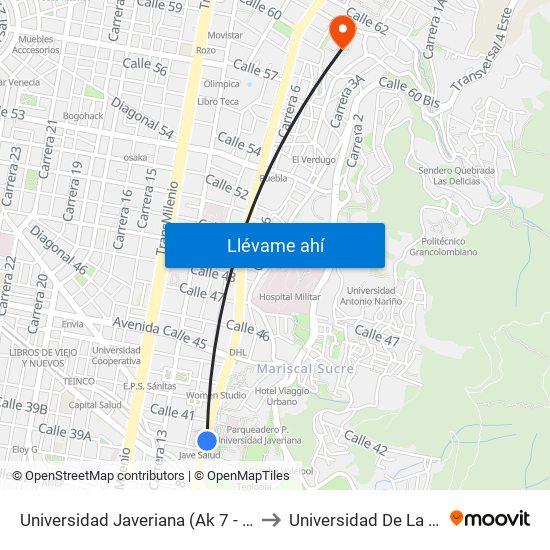 Universidad Javeriana (Ak 7 - Cl 40) to Universidad De La Salle map