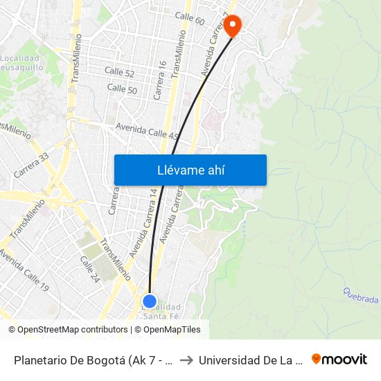 Planetario De Bogotá (Ak 7 - Cl 27) to Universidad De La Salle map