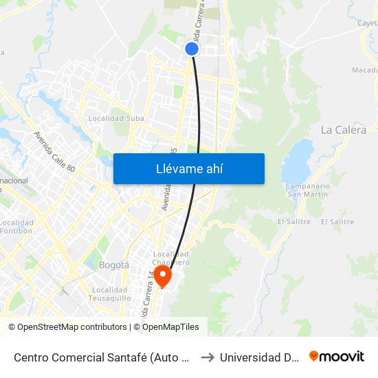 Centro Comercial Santafé (Auto Norte - Cl 187) (B) to Universidad De La Salle map