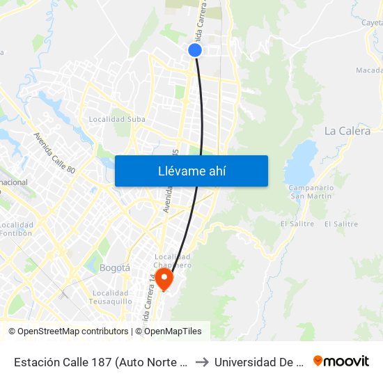 Estación Calle 187 (Auto Norte - Cl 187) (B) to Universidad De La Salle map