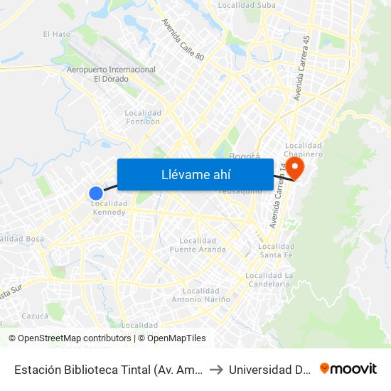 Estación Biblioteca Tintal (Av. Américas - Kr 82) (A) to Universidad De La Salle map