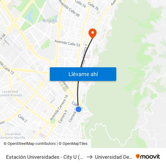 Estación Universidades (Kr 3 - Cl 20) (B) to Universidad De La Salle map