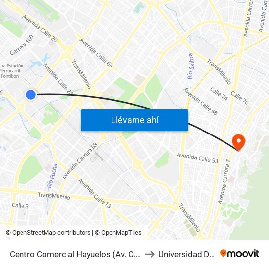 Centro Comercial Hayuelos (Av. C. De Cali - Cl 20) (B) to Universidad De La Salle map