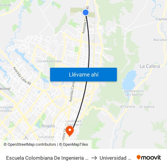 Escuela Colombiana De Ingeniería (Auto Norte - Cl 205) to Universidad De La Salle map