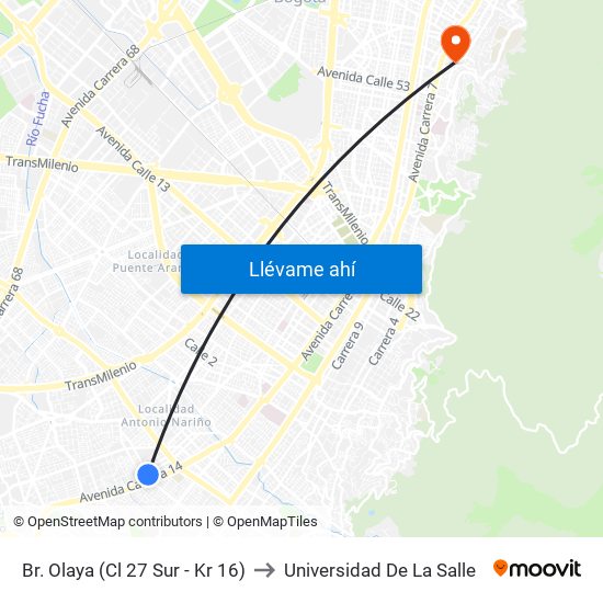 Br. Olaya (Cl 27 Sur - Kr 16) to Universidad De La Salle map