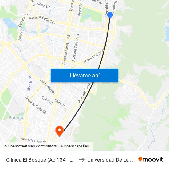 Clínica El Bosque (Ac 134 - Kr 7a) to Universidad De La Salle map