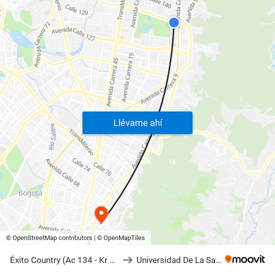 Éxito Country (Ac 134 - Kr 9b) to Universidad De La Salle map