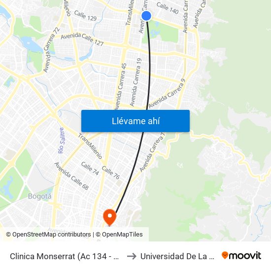 Clinica Monserrat (Ac 134 - Kr 17) to Universidad De La Salle map