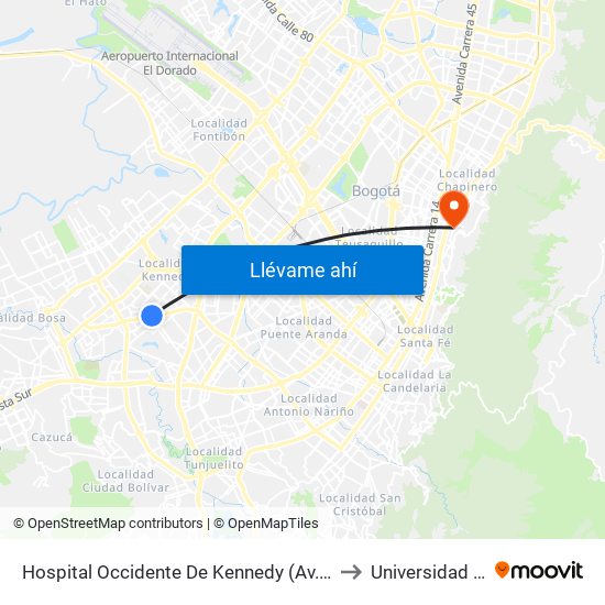 Hospital Occidente De Kennedy (Av. 1 De Mayo - Cl 40 Sur) (A) to Universidad De La Salle map
