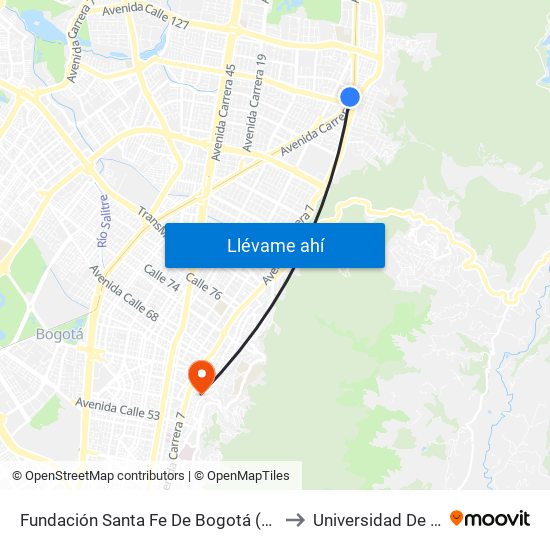 Fundación Santa Fe De Bogotá (Ak 9 - Cl 117a) to Universidad De La Salle map