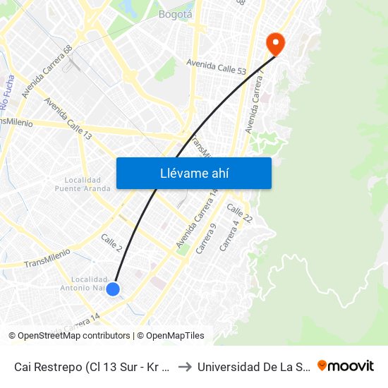 Cai Restrepo (Cl 13 Sur - Kr 18a) to Universidad De La Salle map