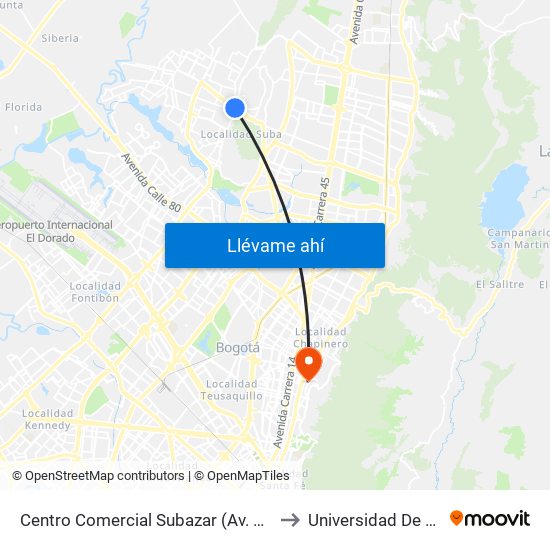 Centro Comercial Subazar (Av. Suba - Kr 91) to Universidad De La Salle map