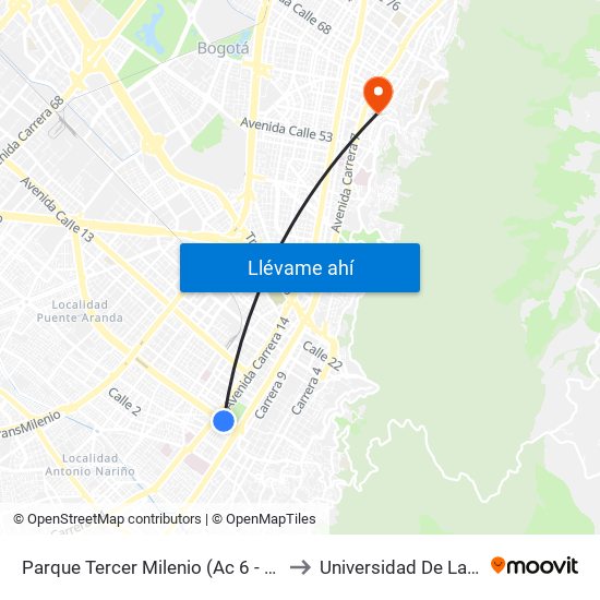 Parque Tercer Milenio (Ac 6 - Kr 12a) to Universidad De La Salle map
