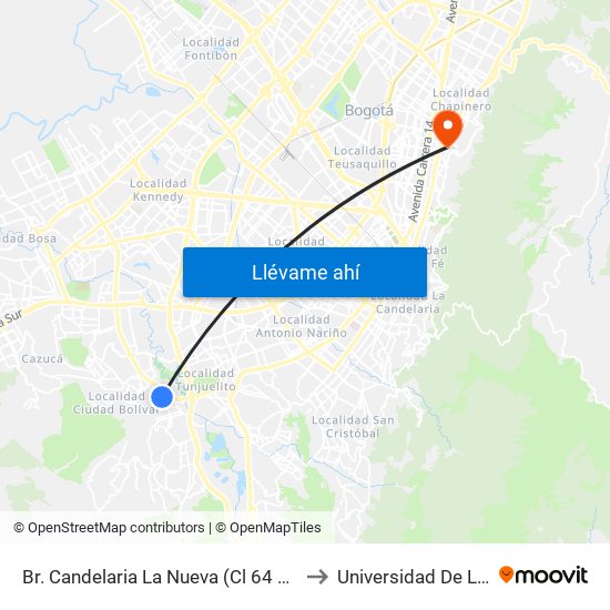 Br. Candelaria La Nueva (Cl 64 Sur - Kr 23) to Universidad De La Salle map