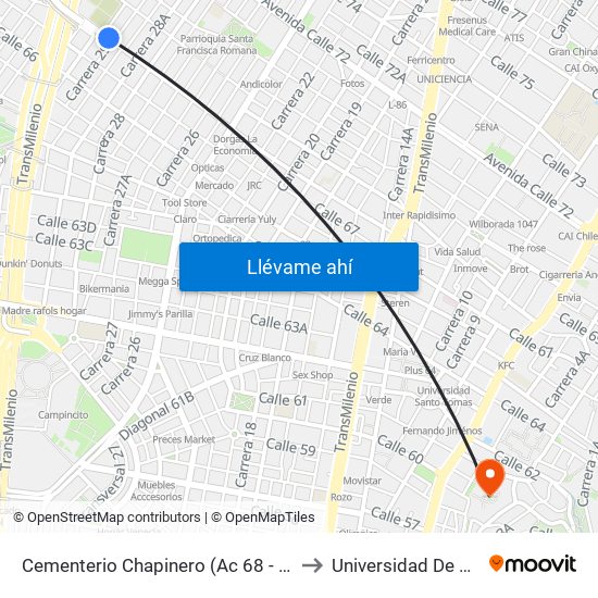 Cementerio Chapinero (Ac 68 - Kr 28b) (A) to Universidad De La Salle map