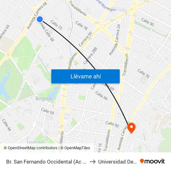 Br. San Fernando Occidental (Ac 68 - Kr 65b) (A) to Universidad De La Salle map