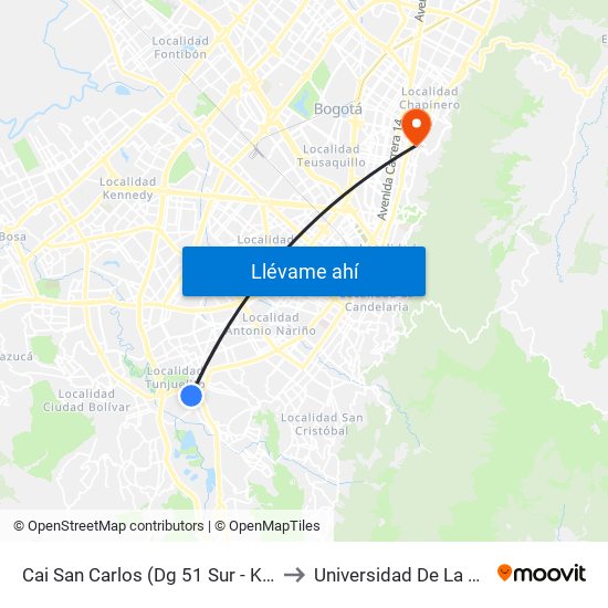 Cai San Carlos (Dg 51 Sur - Kr 18) to Universidad De La Salle map