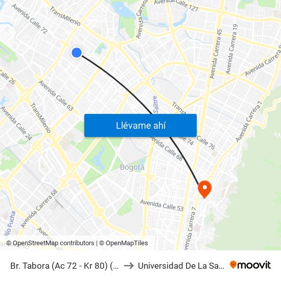 Br. Tabora (Ac 72 - Kr 80) (A) to Universidad De La Salle map