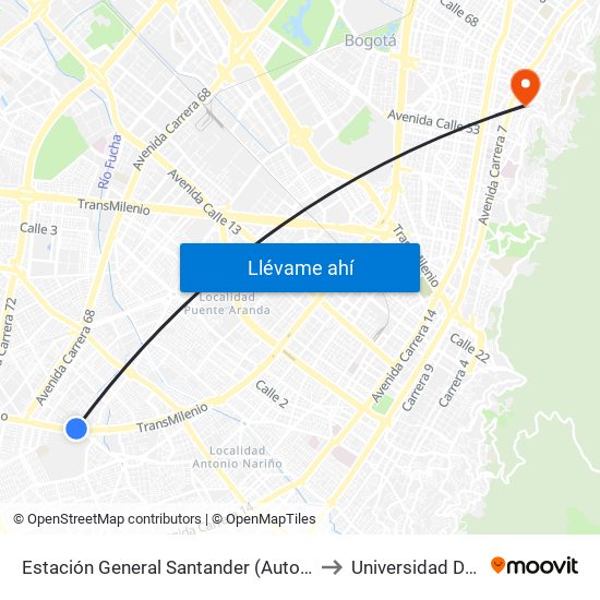 Estación General Santander (Auto Sur - Kr 50 Bis A) to Universidad De La Salle map