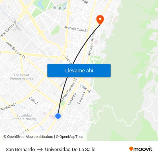 San Bernardo to Universidad De La Salle map