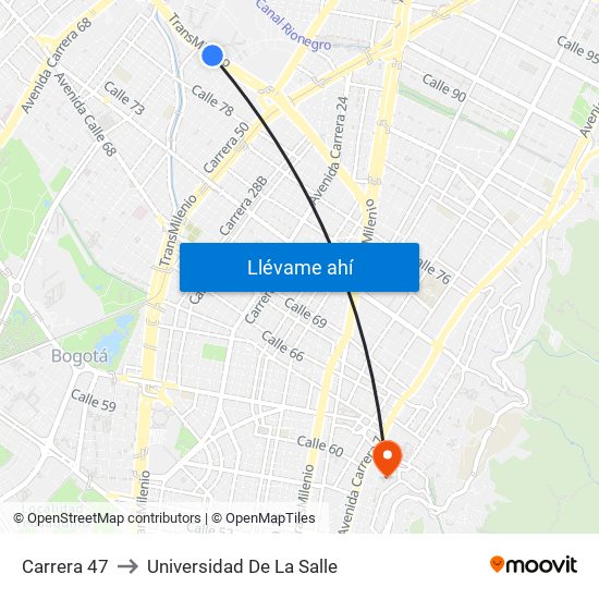 Carrera 47 to Universidad De La Salle map