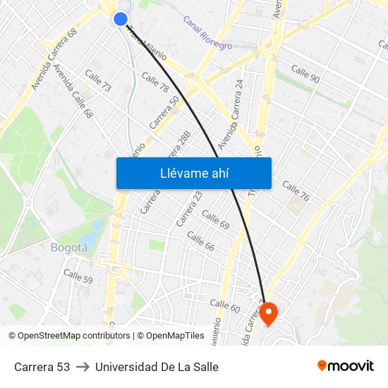 Carrera 53 to Universidad De La Salle map