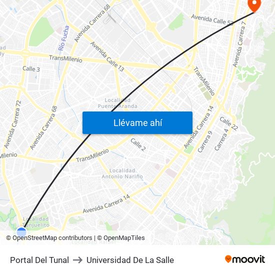 Portal Del Tunal to Universidad De La Salle map