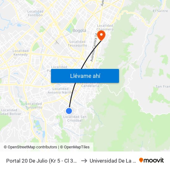 Portal 20 De Julio (Kr 5 - Cl 30a Sur) to Universidad De La Salle map