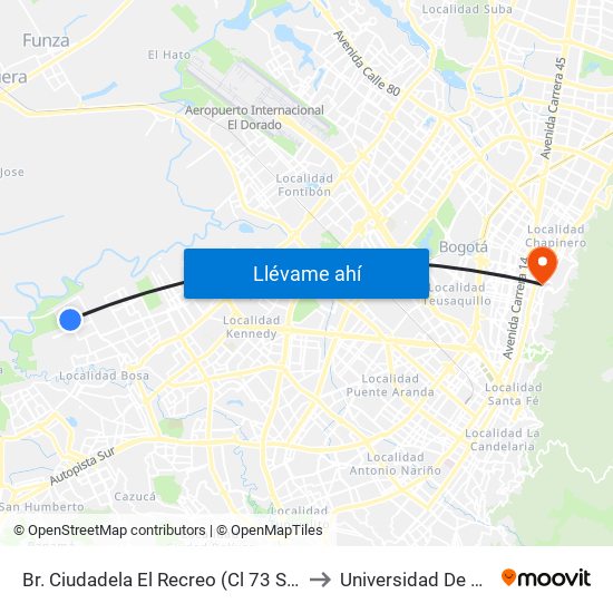 Br. Ciudadela El Recreo (Cl 73 Sur - Kr 99a) to Universidad De La Salle map