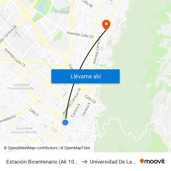 Estación Bicentenario (Ak 10 - Cl 4) to Universidad De La Salle map