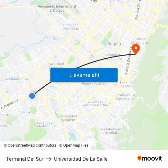 Terminal Del Sur to Universidad De La Salle map