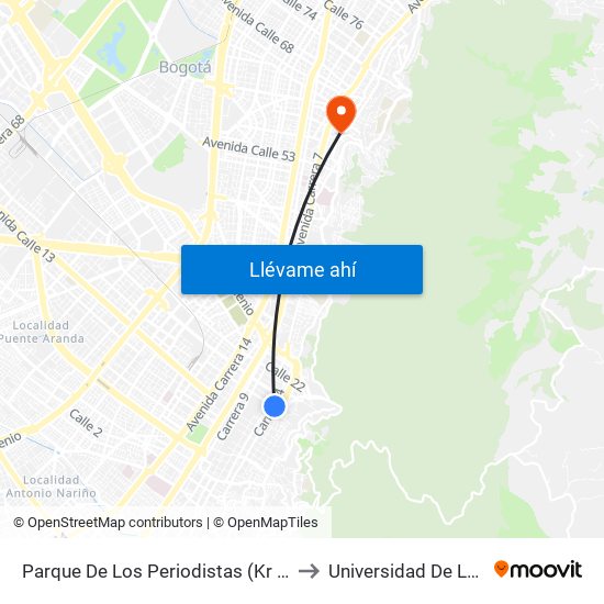 Parque De Los Periodistas (Kr 4 - Cl 17) to Universidad De La Salle map
