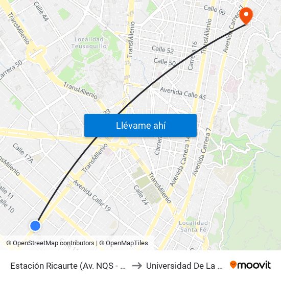 Estación Ricaurte (Av. NQS - Cl 10) to Universidad De La Salle map