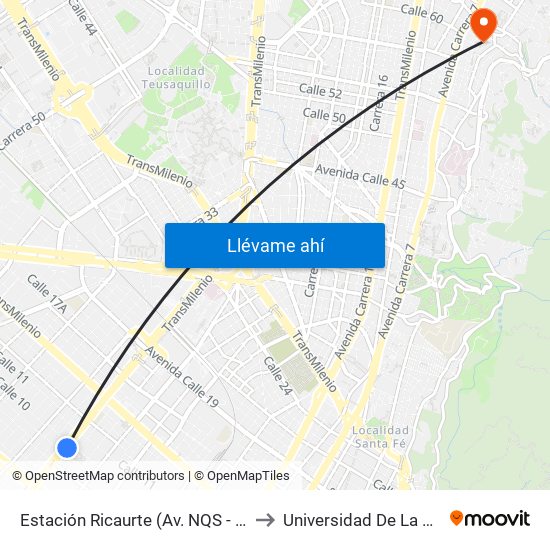 Estación Ricaurte (Av. NQS - Cl 9) to Universidad De La Salle map