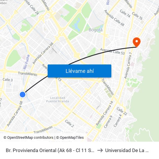 Br. Provivienda Oriental (Ak 68 - Cl 11 Sur) (A) to Universidad De La Salle map