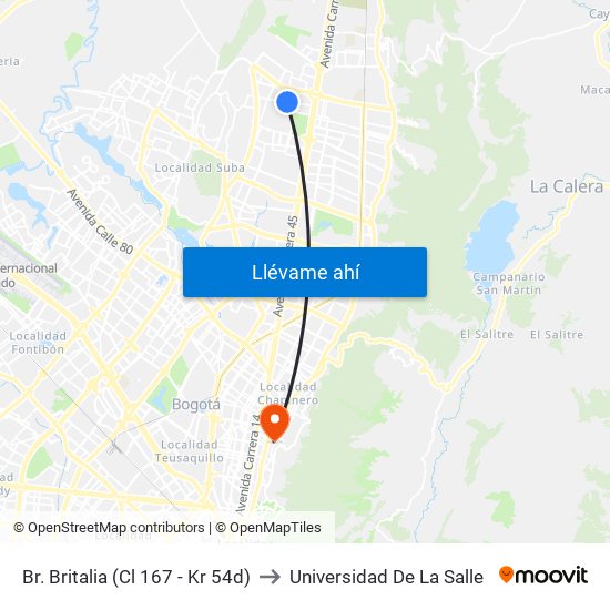 Br. Britalia (Cl 167 - Kr 54d) to Universidad De La Salle map