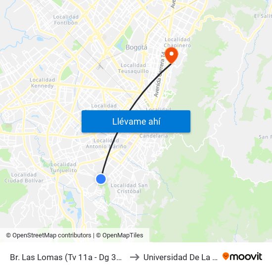 Br. Las Lomas (Tv 11a - Dg 38g Sur) to Universidad De La Salle map