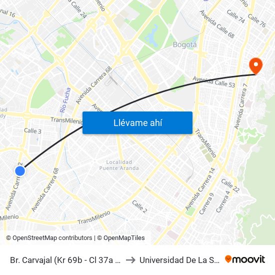 Br. Carvajal (Kr 69b - Cl 37a Sur) to Universidad De La Salle map